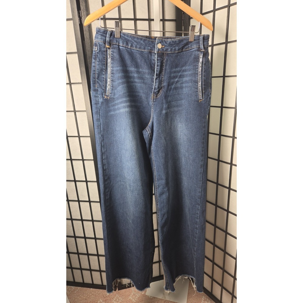 Oat New York High Rise Wide Leg Jeans Womens 10/30 Blue Raw Hem‎ Embellished